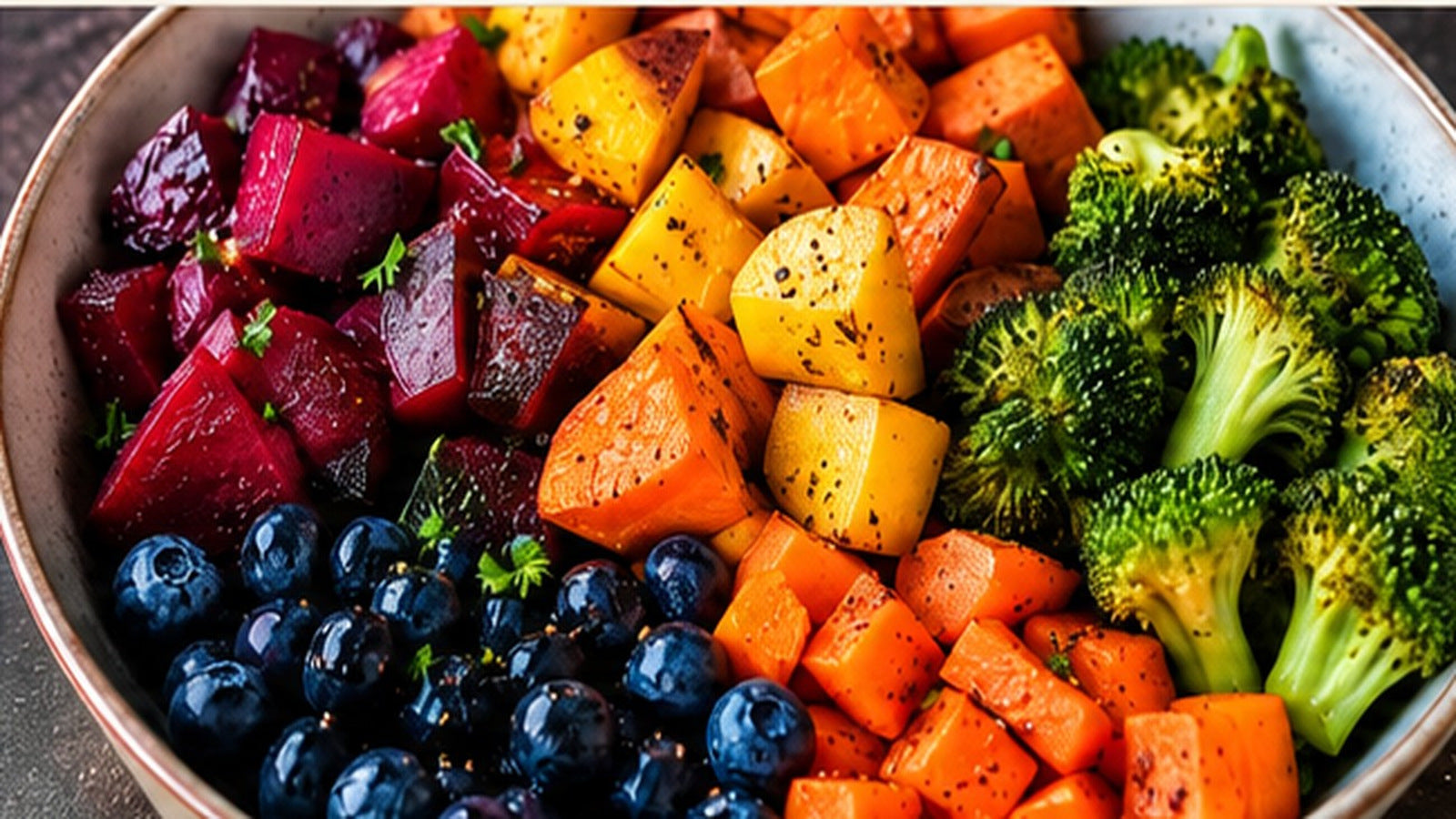 Colorful foods including vegetables and blueberries